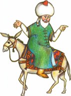 Nasreddin Hodja sitting backwards on a donkey - Artist Fatih M. Durmus