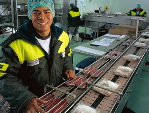 operator and four belts with small food items
