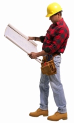 building contractor, with tool belt, plans, hard hat and working boots