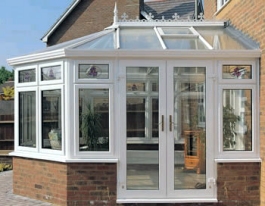 conservatory, modern white double glazing and french doors