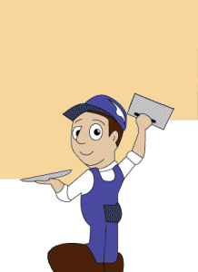 copyright graphic, plasterer in blue boiler suit and blue hat, working on wall