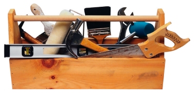 wooden box of tools, paintbrush, paint roller...